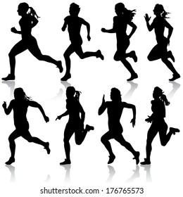 Set of silhouettes. Runners on sprint, women. vector illustration.