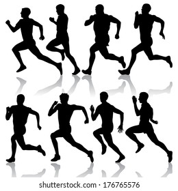 Set of silhouettes. Runners on sprint, men. vector illustration.