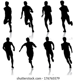 Set of silhouettes. Runners on sprint, men. vector illustration.