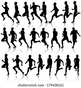 Set of silhouettes. Runners on sprint, men. vector illustration.