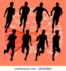 Set of silhouettes. Runners on sprint, men against the background of the speedometer. vector illustration.