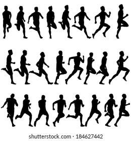 Set of silhouettes. Runners on sprint, men. vector illustration.