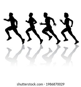 Set of silhouettes. Runners on sprint men and women on white background.
