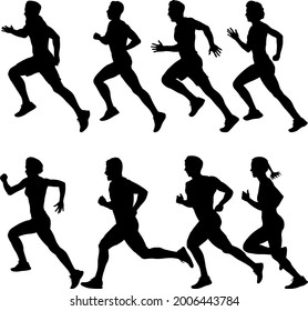 Set of silhouettes. Runners on sprint men and women on white background