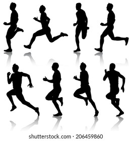 Set of silhouettes. Runners on sprint, men. vector illustration.