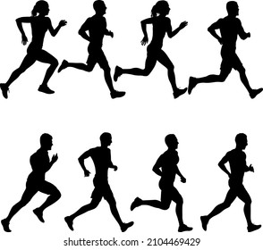 Set of silhouettes. Runners on sprint men and women on white background