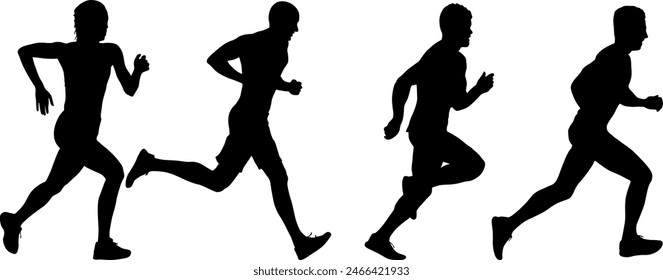 Set of silhouettes. Runners on sprint men and women on white background.