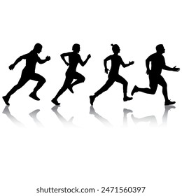 Set of silhouettes. Runners on sprint men and women on white background.