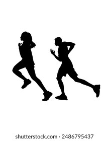 Set of silhouettes Runners on sprint men and women on white background