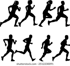 Set of silhouettes. Runners on sprint men and women on white background.