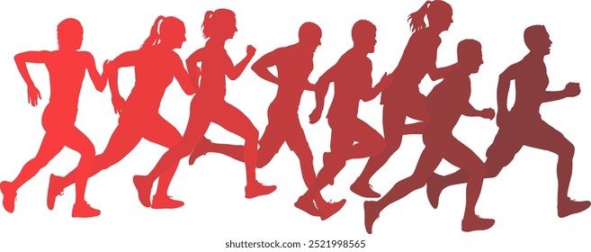 Set of silhouettes. Runners on sprint men and women on white background.