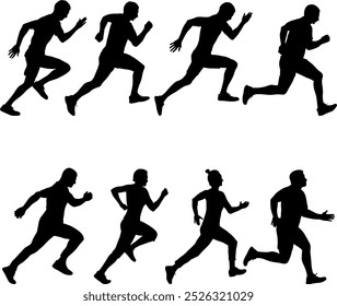 Set of silhouettes. Runners on sprint men and women on white background.