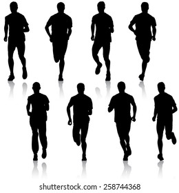 Set of silhouettes. Runners on sprint, men. vector illustration.