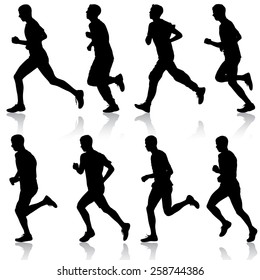 Set of silhouettes. Runners on sprint, men. vector illustration.