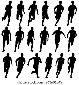 Set of silhouettes. Runners on sprint, men. vector illustration.