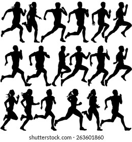 Set of silhouettes. Runners on sprint, men. vector illustration.