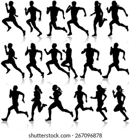 Set of silhouettes. Runners on sprint, men. vector illustration.