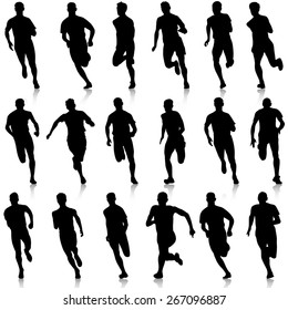 Set of silhouettes. Runners on sprint, men. vector illustration.