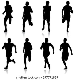 Set of silhouettes. Runners on sprint, men. vector illustration.