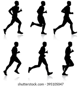 Set of silhouettes. Runners on sprint, men. vector illustration.