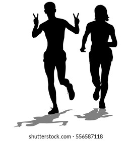 Set of silhouettes. Runners on sprint men and woman. Vector illustration.