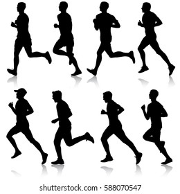 Set of silhouettes. Runners on sprint men. vector illustration