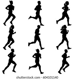 Set of silhouettes. Runners on sprint, men and woman.