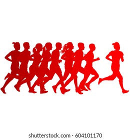 Set of silhouettes. Runners on sprint, men and woman.