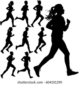 Set of silhouettes. Runners on sprint, men and woman