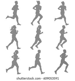 Set of silhouettes. Runners on sprint, men and woman.