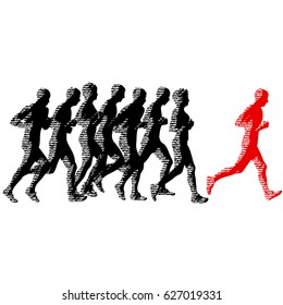 Set of silhouettes. Runners on sprint, men and woman