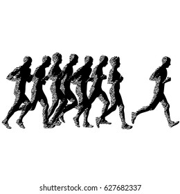 Set of silhouettes. Runners on sprint, men and woman.