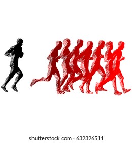 Set of silhouettes. Runners on sprint, men and woman.