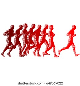 Set of silhouettes. Runners on sprint, men and woman.