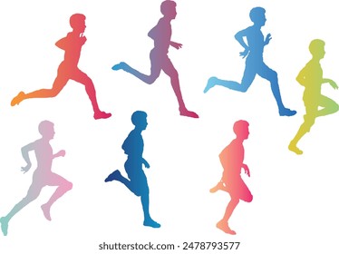 set of silhouettes of running men and children on a white background