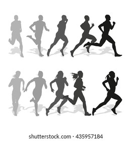 Set of silhouettes of running men and women. Run, runner, sport