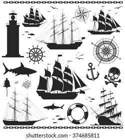 Set of silhouettes of sailing ships with nautical design elements. Compass rose, anchor,  beacon, bell, lighthouse, shark, skull, steering wheel, windrose. No trace. Vector illustration. 