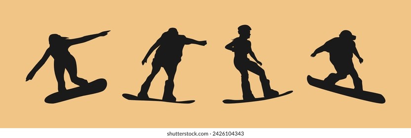 Set silhouettes of sandboarding. Sport, extreme, hobby, desert. Different pose, action. Vector illustration.