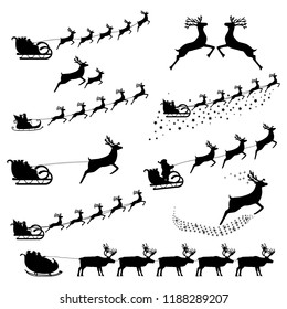 Set of silhouettes of Santa Claus in harness riding reindeer 