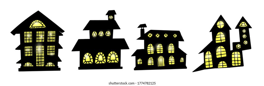 set of silhouettes of scary houses with glowing light in the windows. Hand drawn vector buildings isolated on white background.