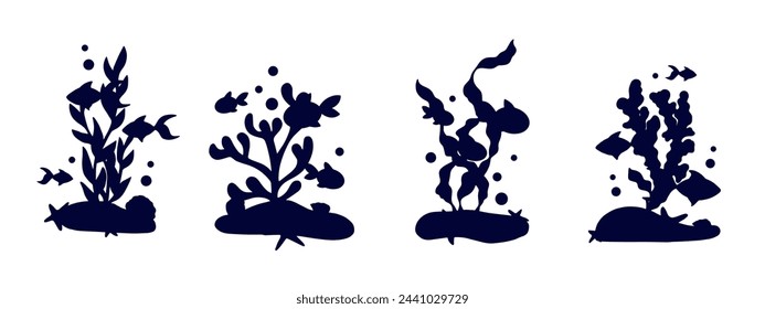 Set of silhouettes with schools of fish in seaweed.Vector graphics.	