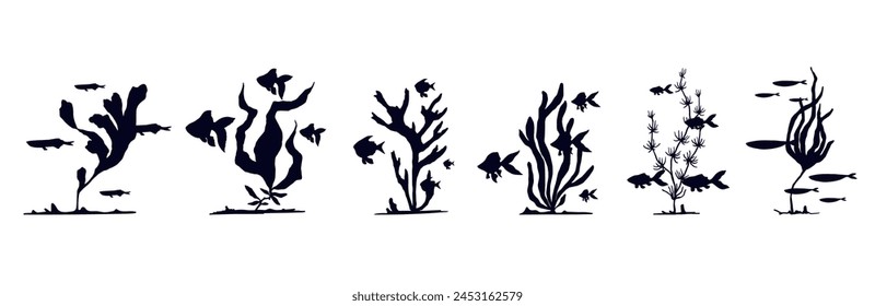 Set of silhouettes of schools of fish in seaweed.Vector graphics.