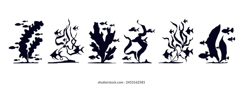 Set of silhouettes of schools of fish in seaweed.Vector graphics.