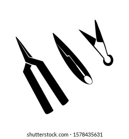 Set of silhouettes of scissors, pruners and shears. Black outline separate from the background. Equipment for sewing and gardening.  Vector object for logos, icons, infographics and your design.