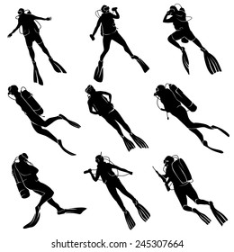 Set of silhouettes scuba diving in different poses.