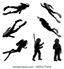 Set of silhouettes scuba diving. Vector illustration.