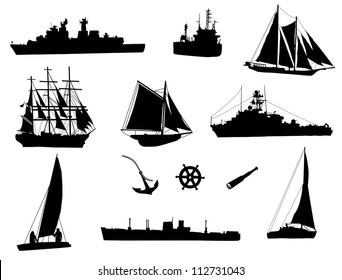 Set of silhouettes of the sea cargo ships and old ships, vector illustration