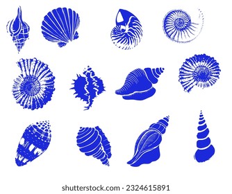 Set of silhouettes of sea cockleshells isolated on white background. Vector shells. Blue shells