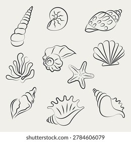 Set of silhouettes of sea cockleshells isolated on white background. Black vector shells.