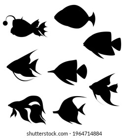 a set of silhouettes of sea fish. Vector isolated on white background